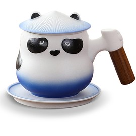 HOLLIHI Chinese Panda Porcelain Tea Cup with Infuser Lid and Saucer Tea Mugs Wooden Handle 11oz, Ceramics ffee Mug Teacup Loose Leaf Tea Brewing Syem for Home Office (03-Blue)