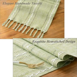 Wracra Hemstitch Cotton Linen Table Runner Made of Woven Crocheted Sage Green Table Runner 120 cm Long with Hand Tassels for Dining Room Kitchen Party and Dessert Table Decoration (Sage Green, 120 cm)