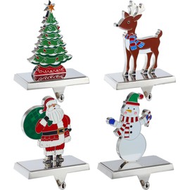 Set of 4 Christmas Stocking Holder for Mantel-Christmas Stocking Hanger for Mantel-Metal Deer Tree Santa Snowman Christmas Stocking Holder for Fireplace Mantle-Heavy Stocking Hooks(2023 New Set)