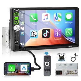 Podofo Apple CarPlay Android Auto 7" HD Touch Screen Car Stereo, Single Din Car Audio Receivers with Bluetooth 5.1 Mirror Link FM Radio/MP3/MP4/USB/Subwoofer,Aux Input +HD Backup Camera+MIC