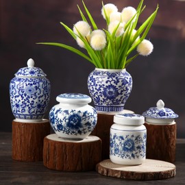 Funnymoom 4 Pcs Small Blue and White Vase Ceramic Small Ginger Jar with Lid Porcelain Vases Chinoiserie Decor Chinese Ginger Jars for Home Bedroom Tabletop Decor Table Accent Shelf (Classic Style)