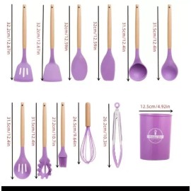 Kitchen 12-Pcs Kitchen Silicone Utensils Set with Heat Resist Wooden Handle purple