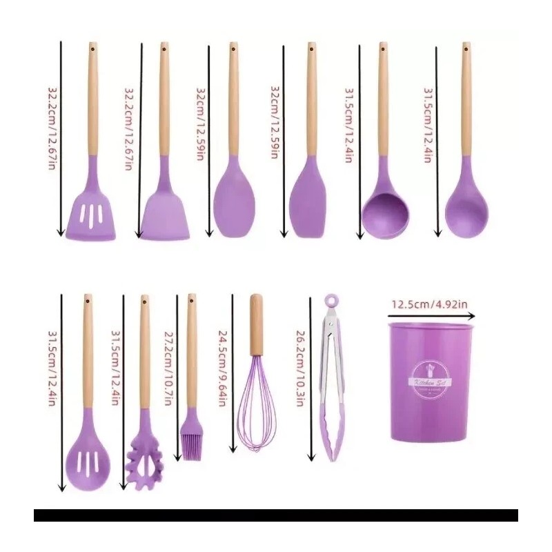 Kitchen 12-Pcs Kitchen Silicone Utensils Set with Heat Resist Wooden
