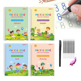 Magic Grooved Handwriting Book Practice,Practice Copybook,Handwriting Practice Copybook,Reusable Practice Book for Preschool Age 3-8 Numbers Drawing Tracing Books (4 Large Books with Pens)