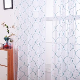 Embroidery Sheer Curtains Blue 95 Inches Long, Window Treatments Rod Pocket Drapes for Living room, Bedroom, Wave Diamond Crinkle Voile Curtain Panels for Yard, Villa, Parlor, Set of 2, 52"x 95".