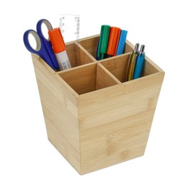 Relaxdays Pen Holder, Pen Organiser with 4 Compartments, Desk, H x D: 15.5 x 14.5 x 14.5 cm, Bamboo Pen Box, Natural