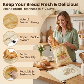 YOJO 2 Pack Reusable Beeswax Bread Bags for Sourdough, 17x13" XL Natural Beeswax Lined Bread Bag with Unique Zipper & Button, Long-Lasting Freshness Keeper for Homemade Bread