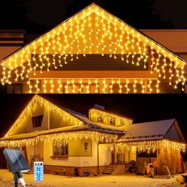 Outdoor Solar Fairy Lights, 3 m Waterproof Curtain Lights, 8 Modes, 128 LEDs, Icicle Lights, 16 Pieces, String Lights with Remote Control for Yard, Garden, Wedding, Party, House Roof, Christmas Decoration