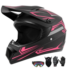 Youth Kids Dirt Bike Motocross Helmet (Goggles Gloves Face Mask) 4PCS Set, DOT Approved Girls Full Face Motorcycle Helmets, ATV BMX MX Mountain Bike Off Road Kid Helmet (Pink, M)
