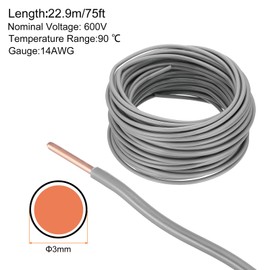 sourcing map 75 Feet Electrical Wire Insulated Solid Copper 14 AWG Hook Up Wire Cable THHN Wire Residential, Industrial, Grounding, Electrical Rated for 600 Volts,UL listed,Grey