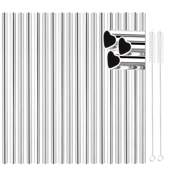 [18 PCS] New Heart Shape Metal Straws 304 Food Grade Stainless Steel, Tomorotec Bulk Reusable Stainless Steel Straw Set with Cleaning Brushes for Tumblers Beverage Drinks Cocktail (Silver)