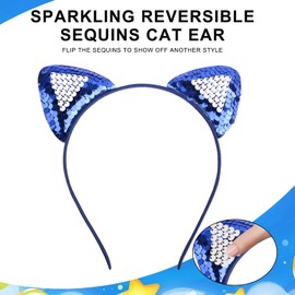 UNDEHAAC 3 Pack Blue Cat Ears Headband for Women Boys & Girls, Holiday Party Cosplay Role Play Cats Costume Accessories, Reversible Sequin Cat Ears