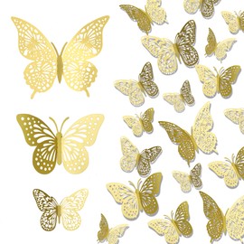 Butterfly Wall Stickers, Gold Bedroom Accessories, Girls Room Decor, Wallpaper Decorations (24pcs)