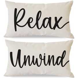 HERHOME Decorative Throw Pillow Covers 12x20 Inch Set of 2 Quotes Relax Unwind Outdoor Farmhouse Front Porch Patio Decor Lumbar Cushion Case Decoration for Home Sofa Couch Living Room