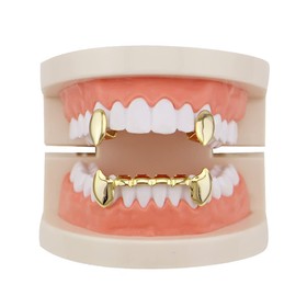 Retzjorv 18K Gold Plated Hip Hop Teeth Grillz Caps 2pc Single Fangs and 6 Bottom Grillz Set for Your Teeth Grills for Men Women Rapper Accessory (Gold)