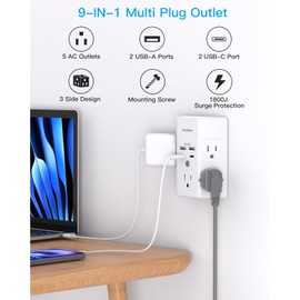 Multi Plug Outlet, Surge Protector, 5 Outlet Extender with 4 USB Charging Ports (2 USB C), USB C Wall Charger, 3-Sided 1800J Power Strip Outlets Splitter Wall Plug Adapter Spaced for Dorm Home Office