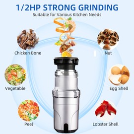 GarveeTech Garbage Disposal 1/2 Hp, Continuous Feed Noise Insulation Food Waste Disposal, Stainless Steel 3 Stage Grinding, With Dishwasher Connection, Splash Guard, Elbow, for Kitchen Sink, Silver