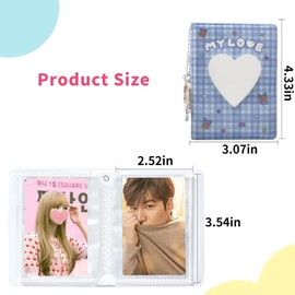 RUNRAYAY 3 Inch Mini Photo Album Kpop Photocard Binder, Blue Plaid Kpop Photocard Holder Book, Love Heart Hollow Photocard Holder with Pendant, Business Card Holder 40 Pockets