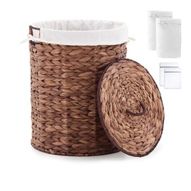 LGENHOOM Round Water Hyacinth Laundry Hamper with Lid Handwoven Wicker Basket with Handles for Dirty Clothes, Storage, and Organization, No Assembly Required, 40L