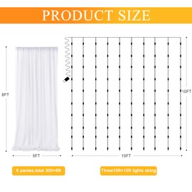 Fomcet Tulle Backdrop Curtains White 30FT X 8FT Tulle Curtains with Lights String Sheer Backdrop Curtain for Parties Wedding Baby Shower Photo Shoot Decorations (6 Panels 5 x 8FT)