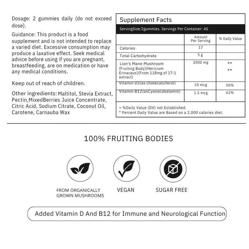 Dual Extract Lion’s Mane Mushroom Gummies with Vitamin D and