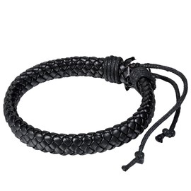 JewelryWe Classic Mens Black Braided Leather Bracelet Wristband Unisex Wrap Bracelet Fits 8" - 11" (with Gift Bag)