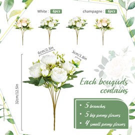Jexine 12 Bundles Silk Artificial Peonies Flowers Faux Peony Bouquet Fake Peonies Artificial Flowers Bouquets for Vase Floral Arrangements Wedding Home Table Decoration (White,Champagne)