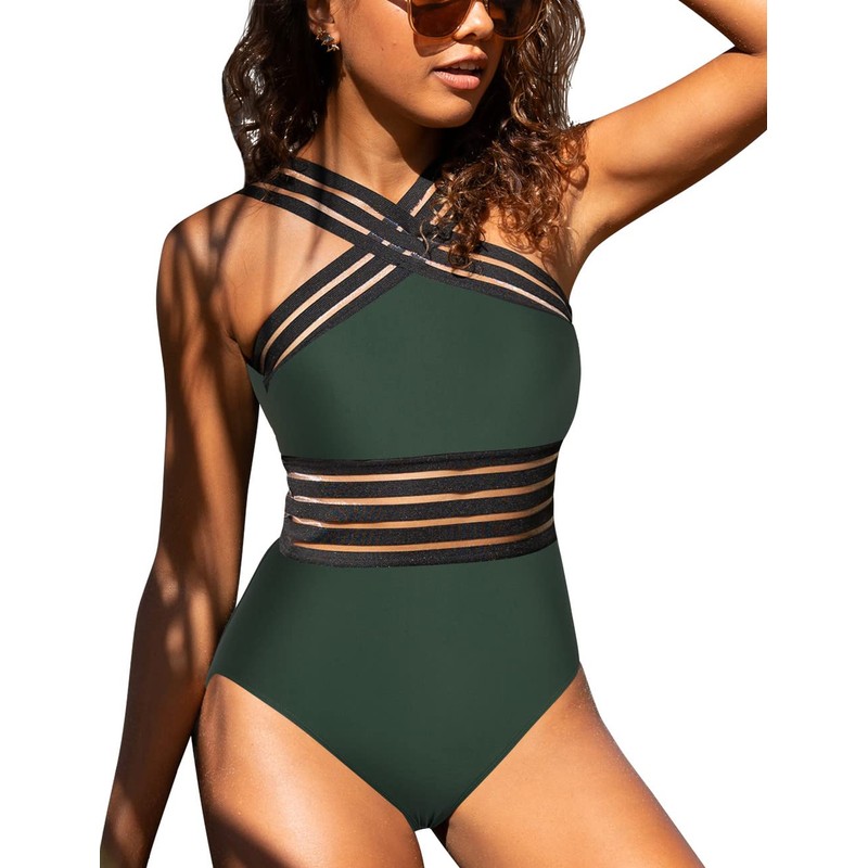 Hilor Women's One Piece Swimwear Front Crossover Swimsuits Hollow Bathing