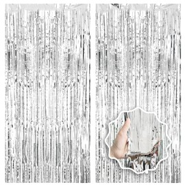 2 Pack Foil Curtain Backdrop Curtains Silver Tinsel Door Streamers Birthday Party Decorations Photo Booth Props for Disco Party Graduation Wedding Baby Shower Bachelorette Christmas Gender Reveal