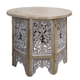 The Urban Port Accent Side Table, 24 Inch Round Top, Mango Wood Floral Cut Out Carved Motifs, Washed White
