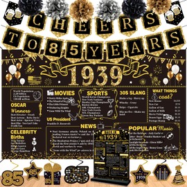 85th Birthday Decorations for Men Women,16PCS Back in 1939 Banner Decorations,Including Vintage 1939 Banner,1939 Anniversary Card,Cheers to 85 years banner,7 Hanging Swirl,6 paper Poms
