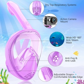 Kids Snorkel Mask Full Face, Snorkeling Gear for Kids 2-14 with Camera Mount, 180 Degree Panoramic View Snorkeling Set Anti-Fog Anti-Leak (Purple Blue)