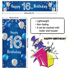 Happy 16th Birthday Door Cover Porch Banner Sign Set - 16 Years Old Birthday Decoraions Party Supplies for Men - Blue