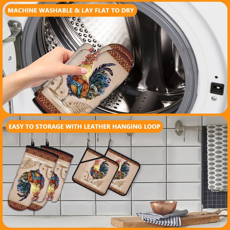 Rooster Oven Mitts and Pot Holders Sets 4Pcs,Extra Long Oven