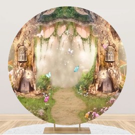 Laeacco 7.2x7.2ft Fairy Tale Enchanted Forest Round Backdrop Magic Tree House Wonderland Circle Backdrop Garden Butterfly Natural Scenery Arch Background for Kids Birthday Portrait Photo Booth Prop