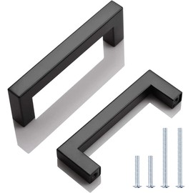 KNOBWELL 10 Pack Black Square Kitchen Cabinet Pulls, 3-3/4 inch Hole Center, Black Stainless Steel Dresser Drawer Pulls 4-1/5" Length