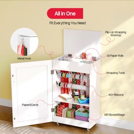 Crafit Wrapping Paper Storage Cabinet, Rolling Gift Wrap Organizer Cart with Ribbon Holder Rack and Gift Bag Storage, Gift Wrapping Station, Arts Craft Organizers and Storage Christmas Decorations