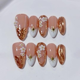 10 Pcs Handmade Flower Press on Nails Medium Almond Fake Nails White French Tip False Nails with 3D Flower Design Thick Acrylic Nails Press ons Fall Reusable Glue on Nail for Women Artificial Nail (S)