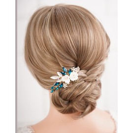 Missgrace Peine para el pelo con diseño de hojas de perlas de cristal, plata y oro, para novia, con diamantes de imitación, clip para el pelo, peines laterales para el pelo, accesorios para el cabello para novias y mujeres (azul pavo real)