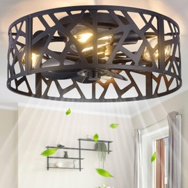 Wheatronic 18 inch Caged Ceiling Fan with Light Vintage Black,Flush Mount Fandelier Ceiling Fan with Lights and Remote,Farmhouse Ceiling Fans for Bedroom, Kitchen, Living Room