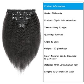 EINbeauty Kinky Straight Clip-In Real Hair Extensions, 8 Pieces, 120 g, Invisible Real Hair Clip Extensions, Natural Black Human Hair Clip-In for Black Women, 16 Inch Hair Extensions