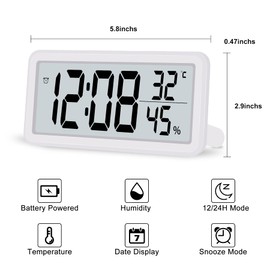 SZELAM 5.6 Inch LCD Digital Alarm Clock with Large Number Display, Small Digital Wall Clock, Slim Table Clock with Temperature, Humidity, Snooze Function for Bedroom, Home, Office, White