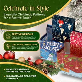 Festive Fix 12 Large Christmas Gift Bags - Reusable Gift Bags with Festive Design for Xmas Present | Christmas Theme Tote Bags with Strong Handles for Gifts Wrapping | Holiday Treat and Party Supplies