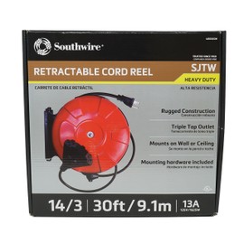 Southwire Medium Duty Retractable Extension Cord Reel - 3 Outlets - 14/3 SJTW Cord - Grounded Tri-Tap - Heavy Duty Steel Reel - Wall & Ceiling Mountable - UL Listed - Red & Black - 30 Feet