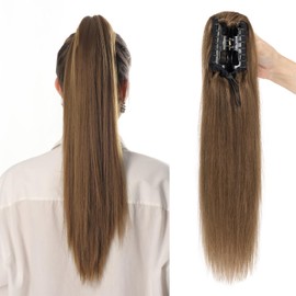 TESSHAIR Claw Clip Ponytail Extension - Human Hair, 18 Inch, Medium Brown, Long Straight