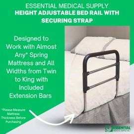 Essential Medical Supply Height Adjustable Hand Bed Rail with Attached Securing Strap for Greater Stability and Safety for Adults, Seniors and The Elderly - Designed for Any Width Mattress