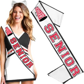 Red Senior Cheer Sash - Ribbon Edge Red Sparkle with Black Outline Cheer Senior White Premium Grade Satin Sash - Senior Night Decorations (RbnCheer RED w/BLK) WHT
