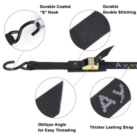 Ayaport Cam Buckle Tie Down Straps 8 feet 3000lbs Break Strength Securing Straps with S Hooks for Motorcycle, Kayak, Car, Truck, Dirt Bike