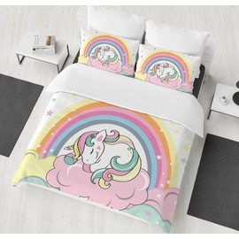 HZVRTN Children's Unicorn Bed Linen Set for Girls, Soft Microfibre Duvet Cover with Zip Pillowcase, 3D Unicorn Cartoon Bedding Set