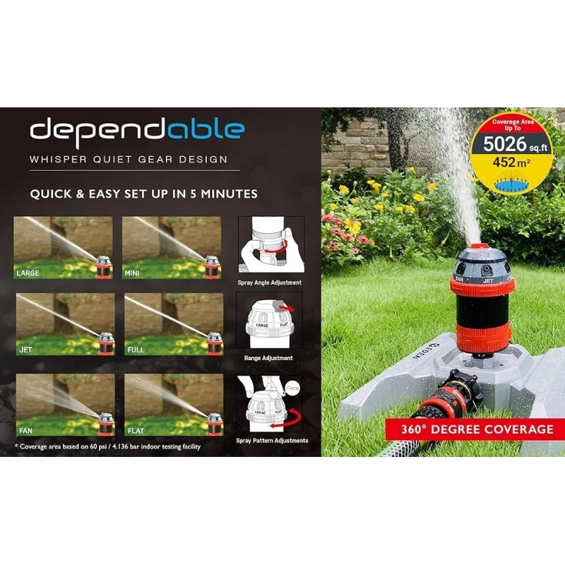 Eden Metal Adjustable 6-Pattern Mobile Rotary Gear Drive Garden Sprinkler